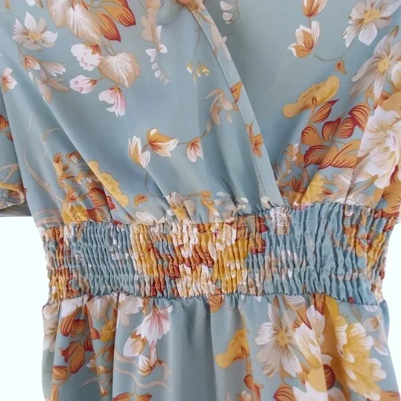 Flowy Floral Midi Dress, Butterfly Short Sleeves, V-Neck, Shirred Waist, Size M - Picture 5 of 8